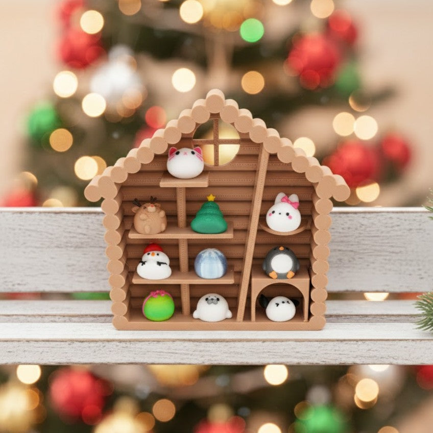 Mini Cabin Display Shelf with Kawaii Figures – Cute Desk Decor Set for Collectors | Soft Stress Relief Squishies in Log Cabin Organizer