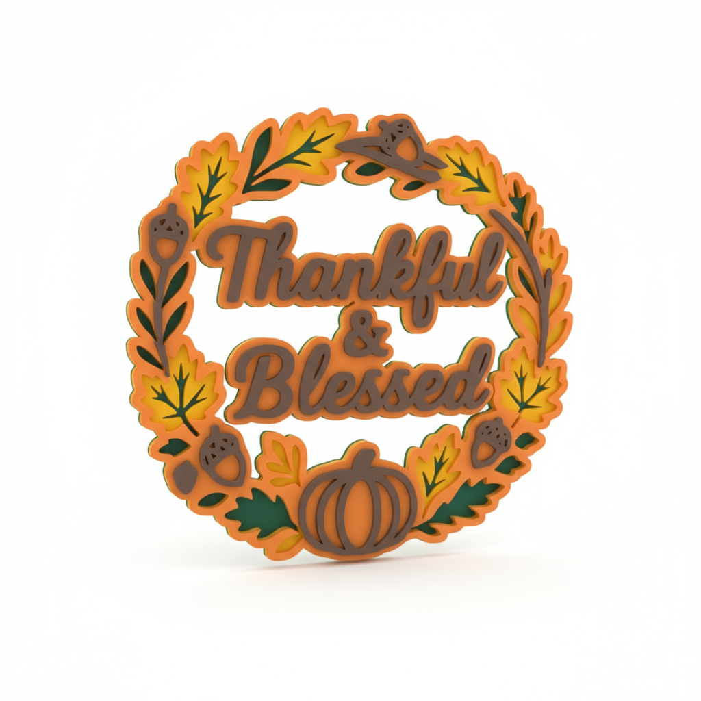 Thankful & Blessed Fall Wreath Sign – Layered 3D Autumn Door Decor with Pumpkin & Acorn Design | Thanksgiving Wall Hanging