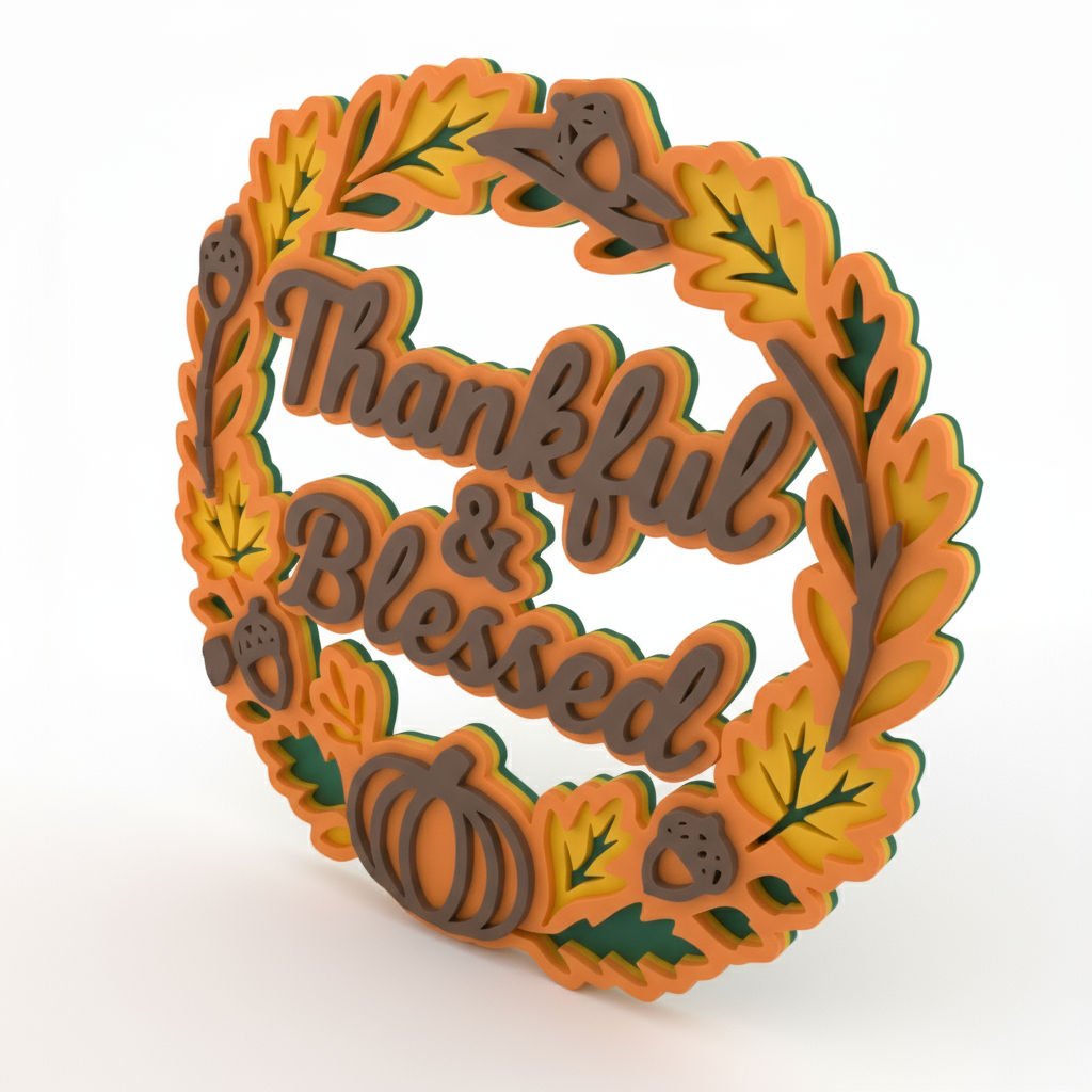 Thankful & Blessed Fall Wreath Sign – Layered 3D Autumn Door Decor with Pumpkin & Acorn Design | Thanksgiving Wall Hanging