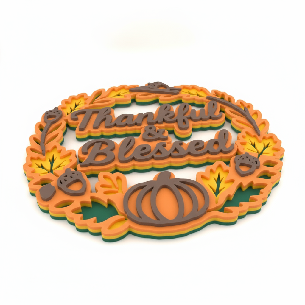 Thankful & Blessed Fall Wreath Sign – Layered 3D Autumn Door Decor with Pumpkin & Acorn Design | Thanksgiving Wall Hanging