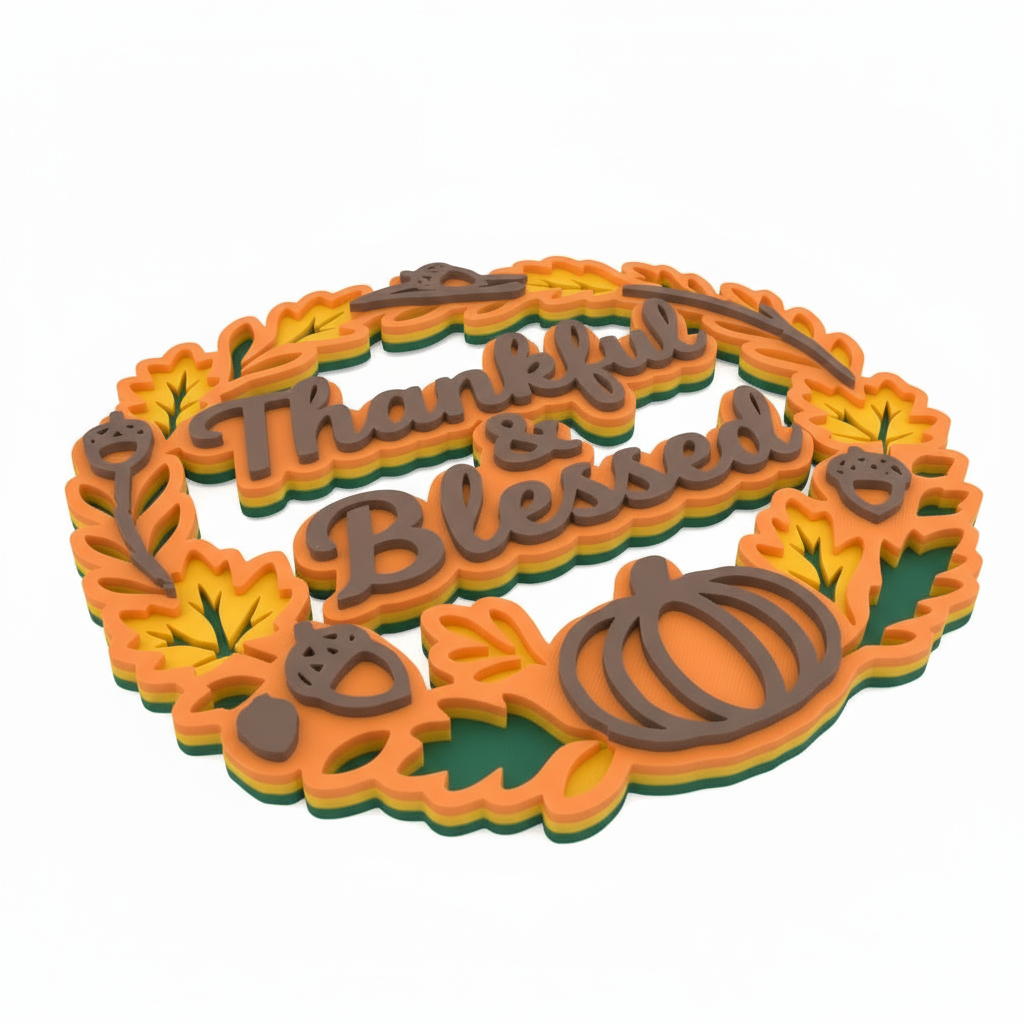 Thankful & Blessed Fall Wreath Sign – Layered 3D Autumn Door Decor with Pumpkin & Acorn Design | Thanksgiving Wall Hanging