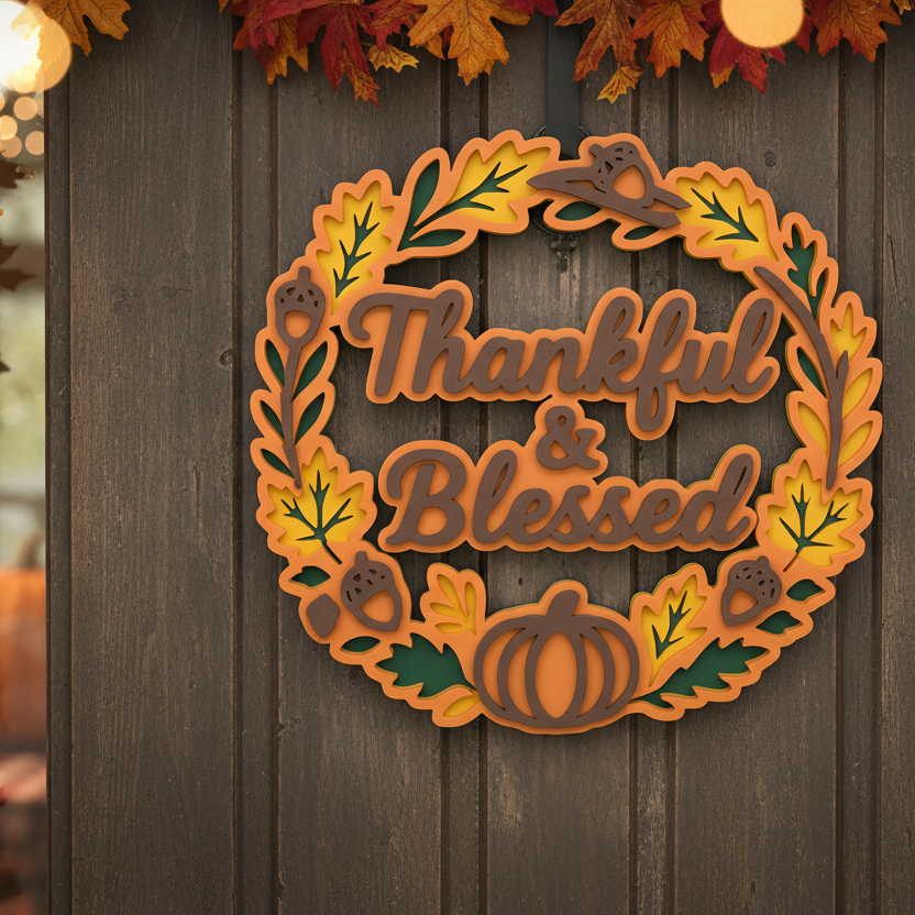 Thankful & Blessed Fall Wreath Sign – Layered 3D Autumn Door Decor with Pumpkin & Acorn Design | Thanksgiving Wall Hanging