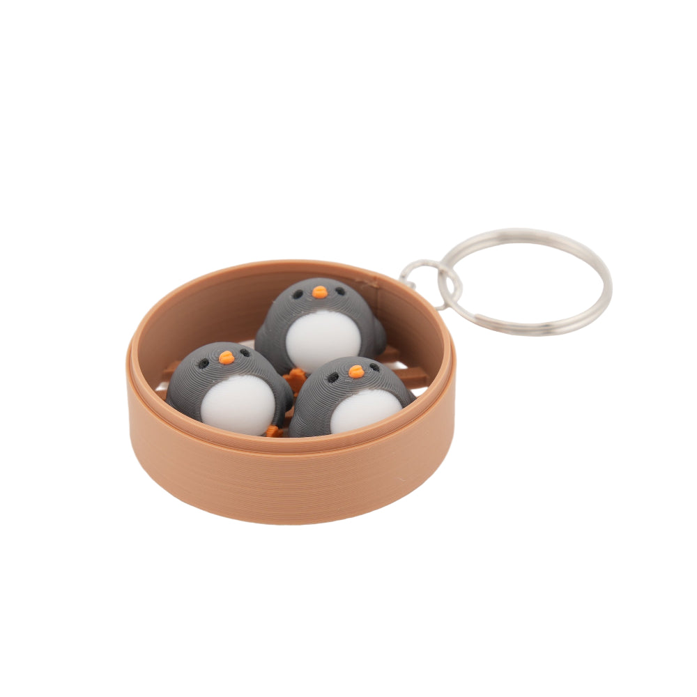 Penguin Dim Sum Keychain – Mini Steamer Basket Charm with 3 Kawaii Penguin Buns | Cute Bag & Key Accessory