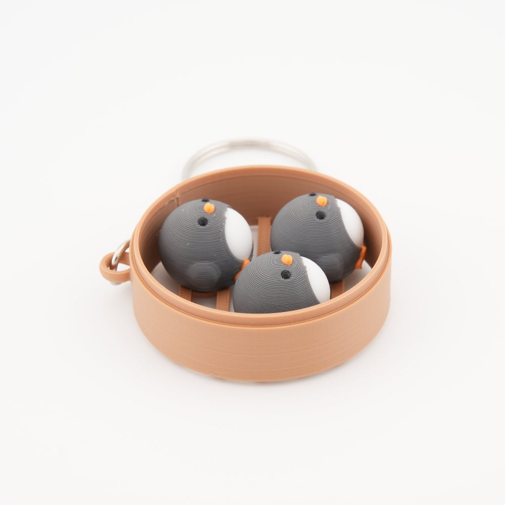Penguin Dim Sum Keychain – Mini Steamer Basket Charm with 3 Kawaii Penguin Buns | Cute Bag & Key Accessory
