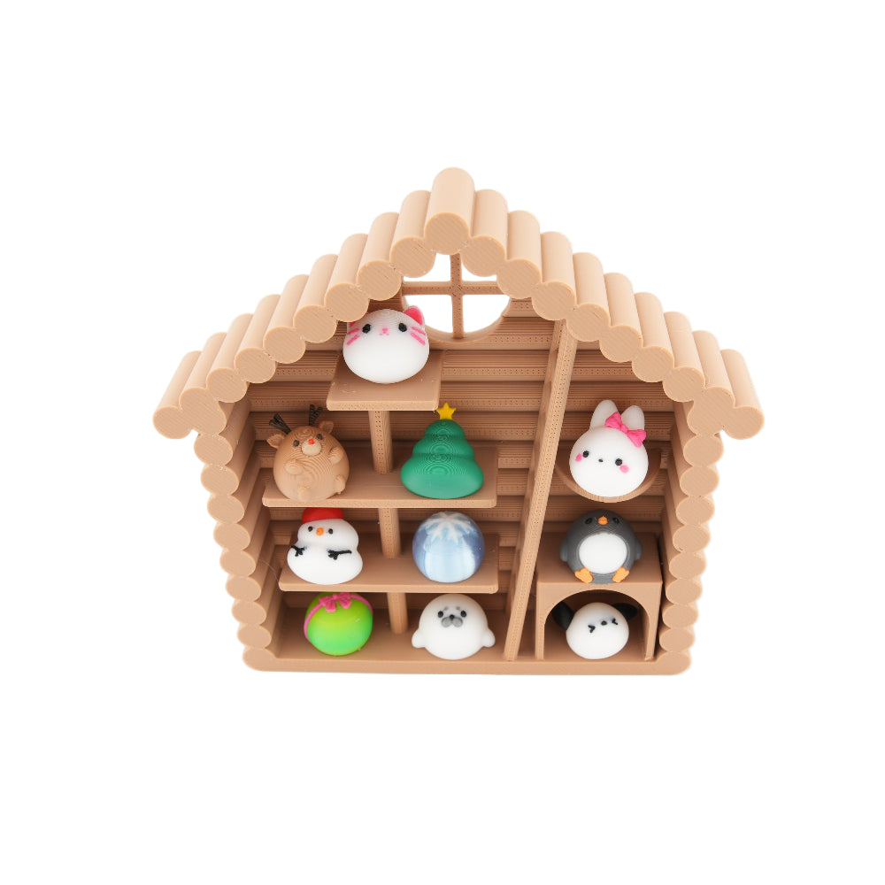 Mini Cabin Display Shelf with Kawaii Figures – Cute Desk Decor Set for Collectors | Soft Stress Relief Squishies in Log Cabin Organizer
