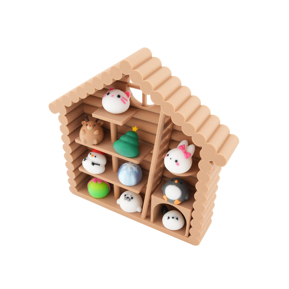 Mini Cabin Display Shelf with Kawaii Figures – Cute Desk Decor Set for Collectors | Soft Stress Relief Squishies in Log Cabin Organizer