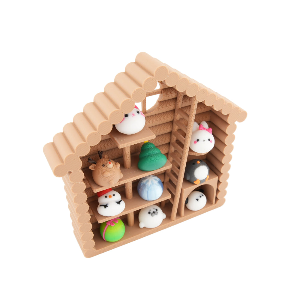 Mini Cabin Display Shelf with Kawaii Figures – Cute Desk Decor Set for Collectors | Soft Stress Relief Squishies in Log Cabin Organizer
