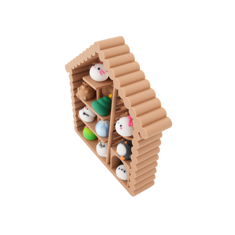 Mini Cabin Display Shelf with Kawaii Figures – Cute Desk Decor Set for Collectors | Soft Stress Relief Squishies in Log Cabin Organizer