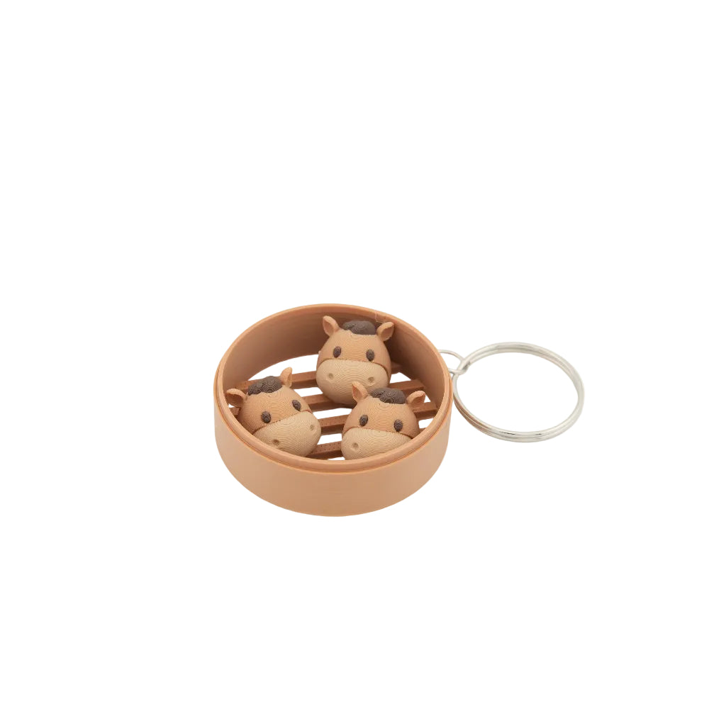 Cute Horse Dim Sum Keychain - Mini Steamer Basket Charm with 3 Kawaii Horse Figures - Cute Bag Accessory and Gift for Food Lovers