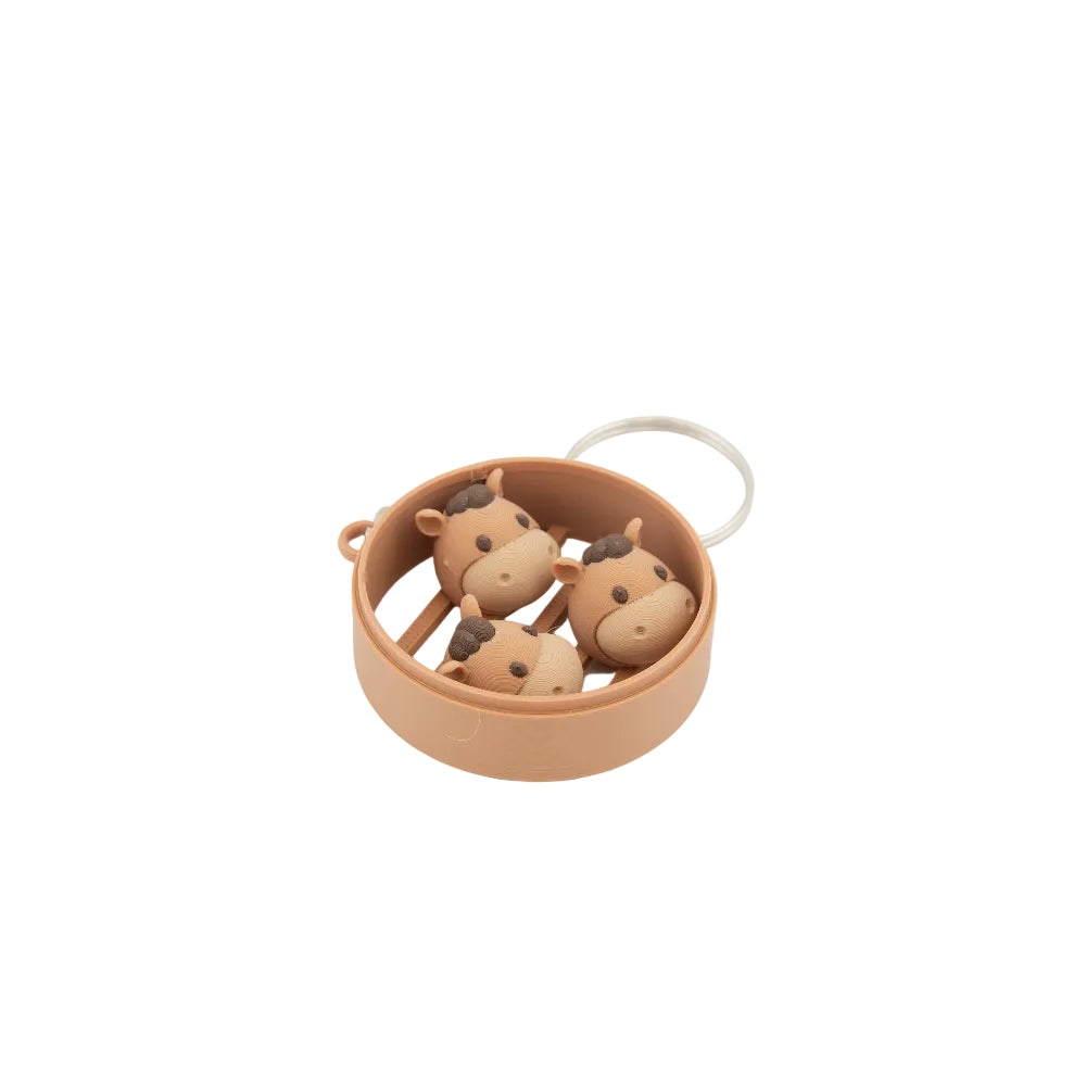 Cute Horse Dim Sum Keychain - Mini Steamer Basket Charm with 3 Kawaii Horse Figures - Cute Bag Accessory and Gift for Food Lovers