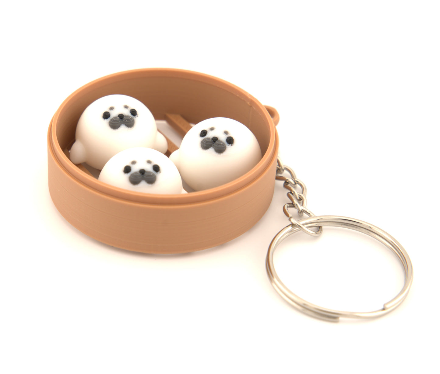 Seal Dim Sum Bun Keychain – Mini Animal Steamer Basket Charm | Kawaii Bao Key Ring for Bags & Accessories