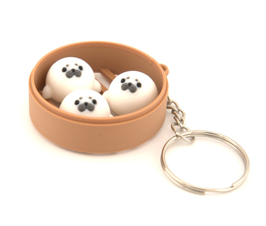 Seal Dim Sum Bun Keychain – Mini Animal Steamer Basket Charm | Kawaii Bao Key Ring for Bags & Accessories