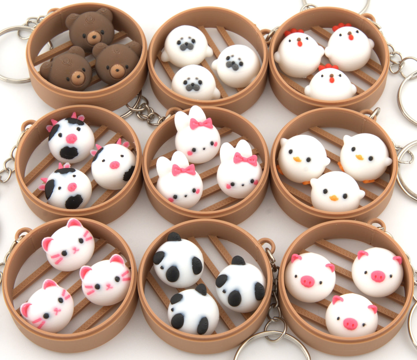 Kawaii Animal Dim Sum Keychain – Mini Steamer Charm with Animal Bao Buns Panda, Bunny, Cat