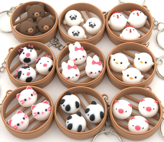 Kawaii Animal Dim Sum Keychain Cute Bao Bun Steamer Charm Panda Bunny Cat Pig Bear