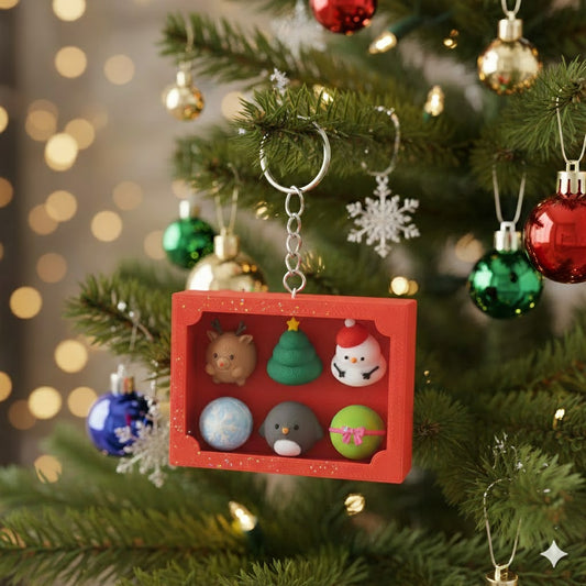 Holographic Glossy Red Christmas Keychain Ornament Set – Mini Holiday Charms in Display Box | Reindeer, Snowman, Tree & Gift Designs