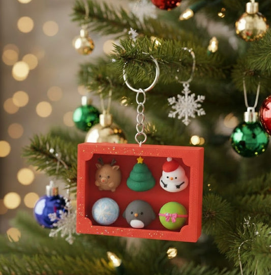 Holographic Glossy Red Christmas Keychain Ornament Set – Mini Holiday Charms in Display Box | Reindeer, Snowman, Tree & Gift Designs