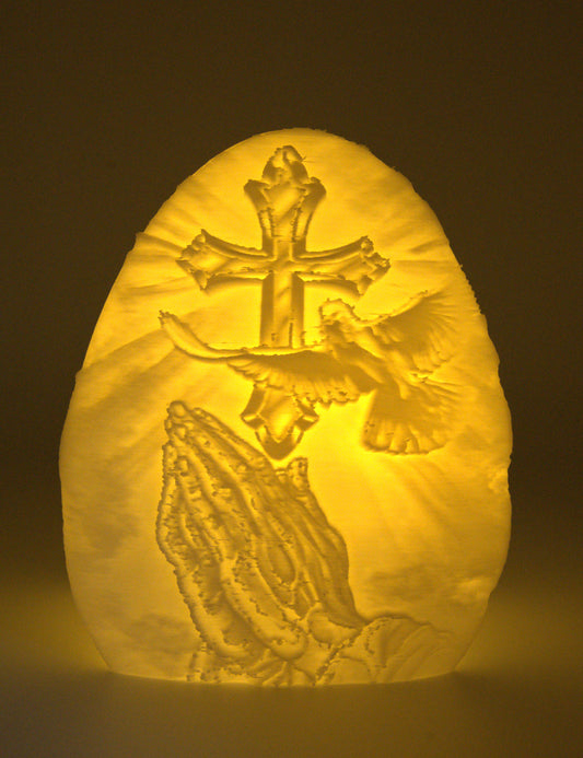 Prayer Cross Lithophane Night Light – Christian LED Egg Decor with Dove & Praying Hands – Baptism | Memorial | Confirmation Gift