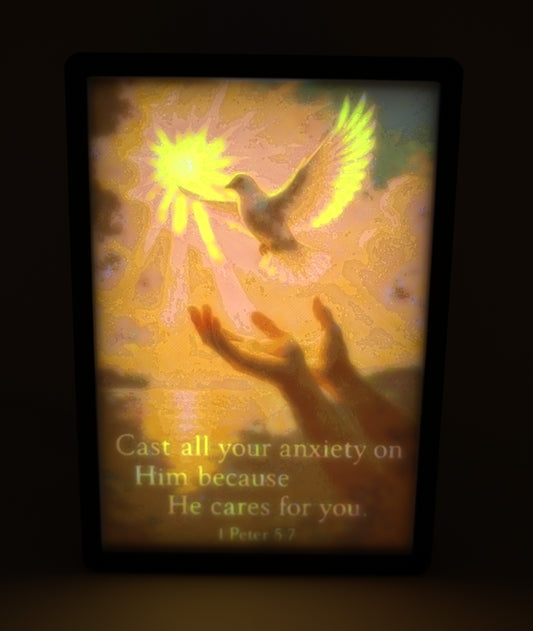 Christian Wall Art Gift 3D Printed Faith Night Light with Dove and 1 Peter 5 7 Bible Verse Home Decor Gift for Her Anxiety Relief Lamp