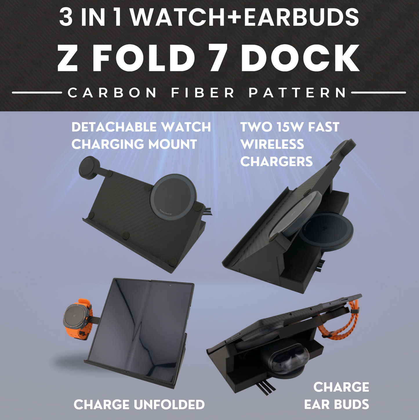 Sancticraft™ 3-in-1 Z Fold 7 Charing Stand with Carbon Fiber pattern (Charge Phone + Watch + Earbuds)