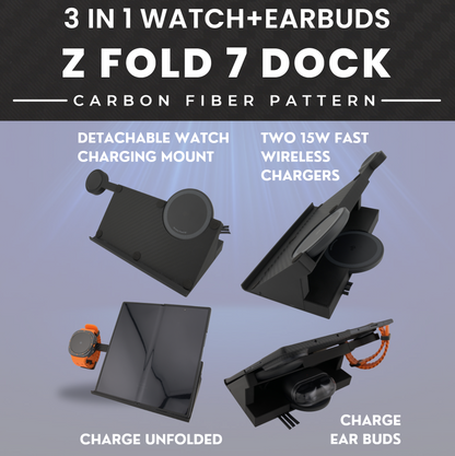 Sancticraft™ 3-in-1 Z Fold 7 Charing Stand with Carbon Fiber pattern (Charge Phone + Watch + Earbuds)