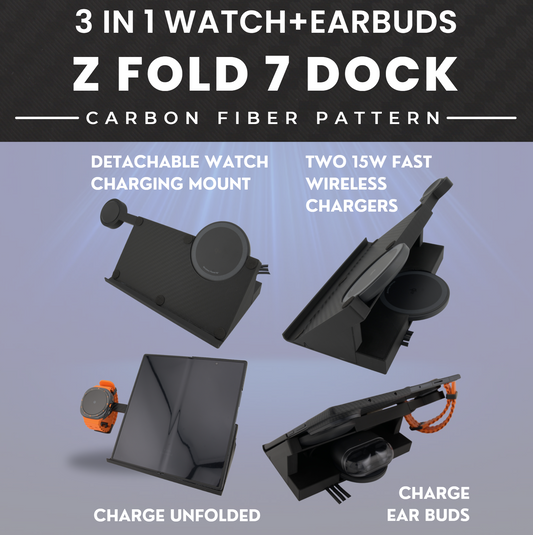 Sancticraft™ 3-in-1 Z Fold 7 Charing Stand with Carbon Fiber pattern (Charge Phone + Watch + Earbuds)