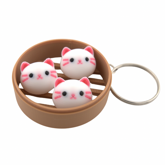 Cat Dim Sum Bun Keychain – Kawaii Animal Accessory | Mini Steamer Basket Charm for Cat Lovers | Cute Gift for Her | Handmade Key Ring