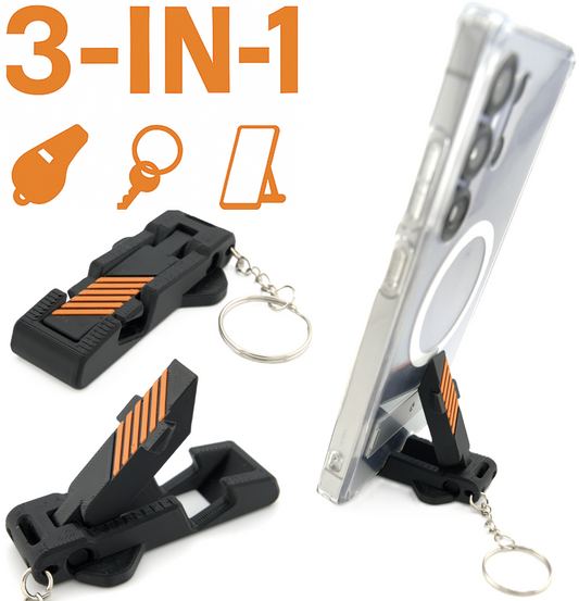 3-in-1 Phone Stand Keychain – Emergency Whistle + Pocket Folding Phone Holder | EDC Gadget for Hiking, Travel, Safety | Made in USA