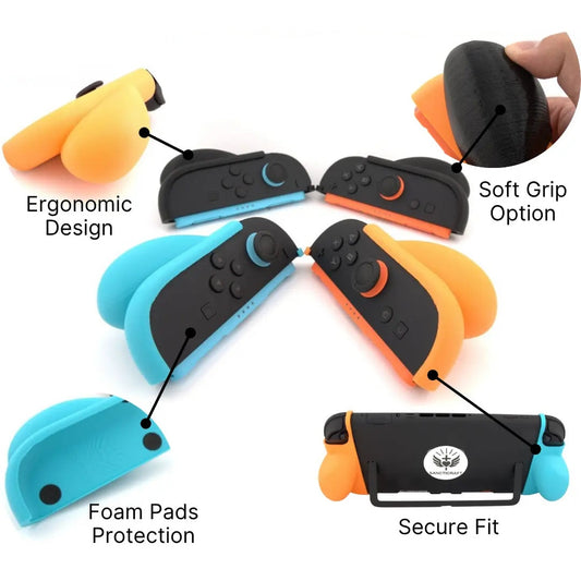 Nintendo Switch 2 Grip Pro ergonomic Joy-Con 2 grips in black, orange and blue with soft grip option and foam pads