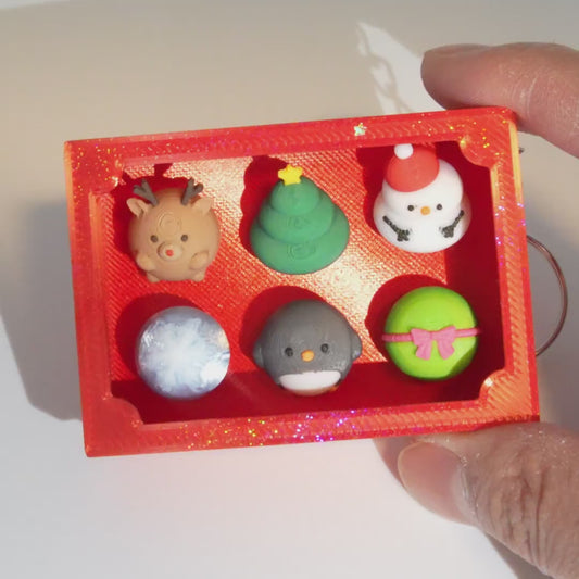 Holographic Glossy Red Christmas Keychain Ornament Set – Mini Holiday Charms in Display Box | Reindeer, Snowman, Tree & Gift Designs