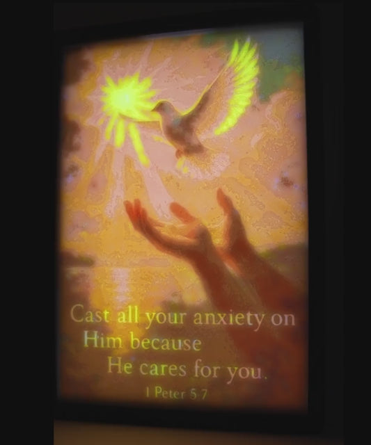 Christian Wall Art Gift 3D Printed Faith Night Light with Dove and 1 Peter 5 7 Bible Verse Home Decor Gift for Her Anxiety Relief Lamp